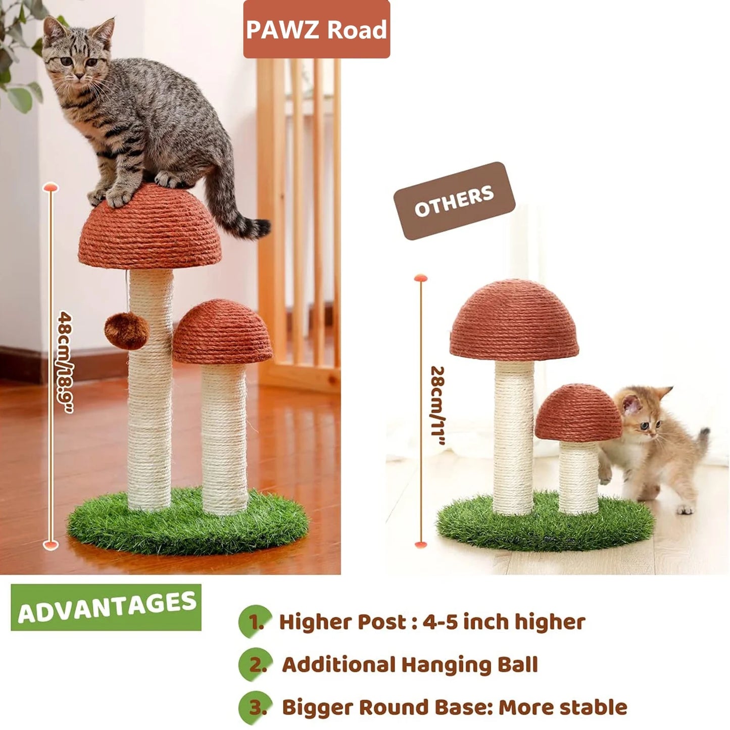 2 Mushroom 19" Cat Scratching Post for Kittens and Small Cats