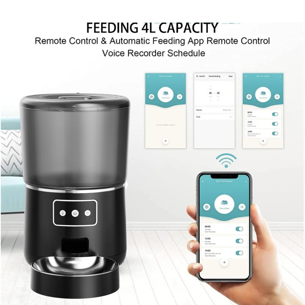 Automatic Smart Wi-Fi Pet Feeder for Dogs and Cats, 4L Capacity, Black