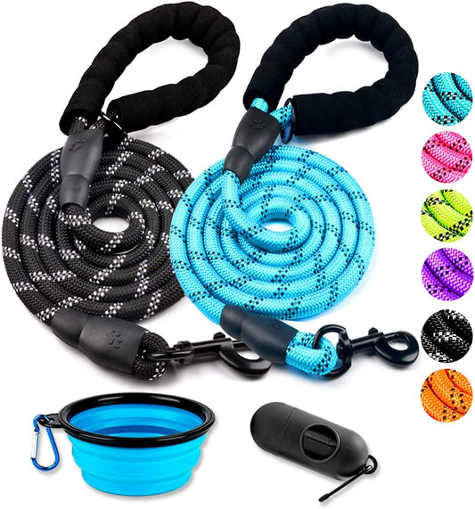 2 Pack Reflective Dog Leash for Medium Large Dogs with Collapsible Pet Bowl
