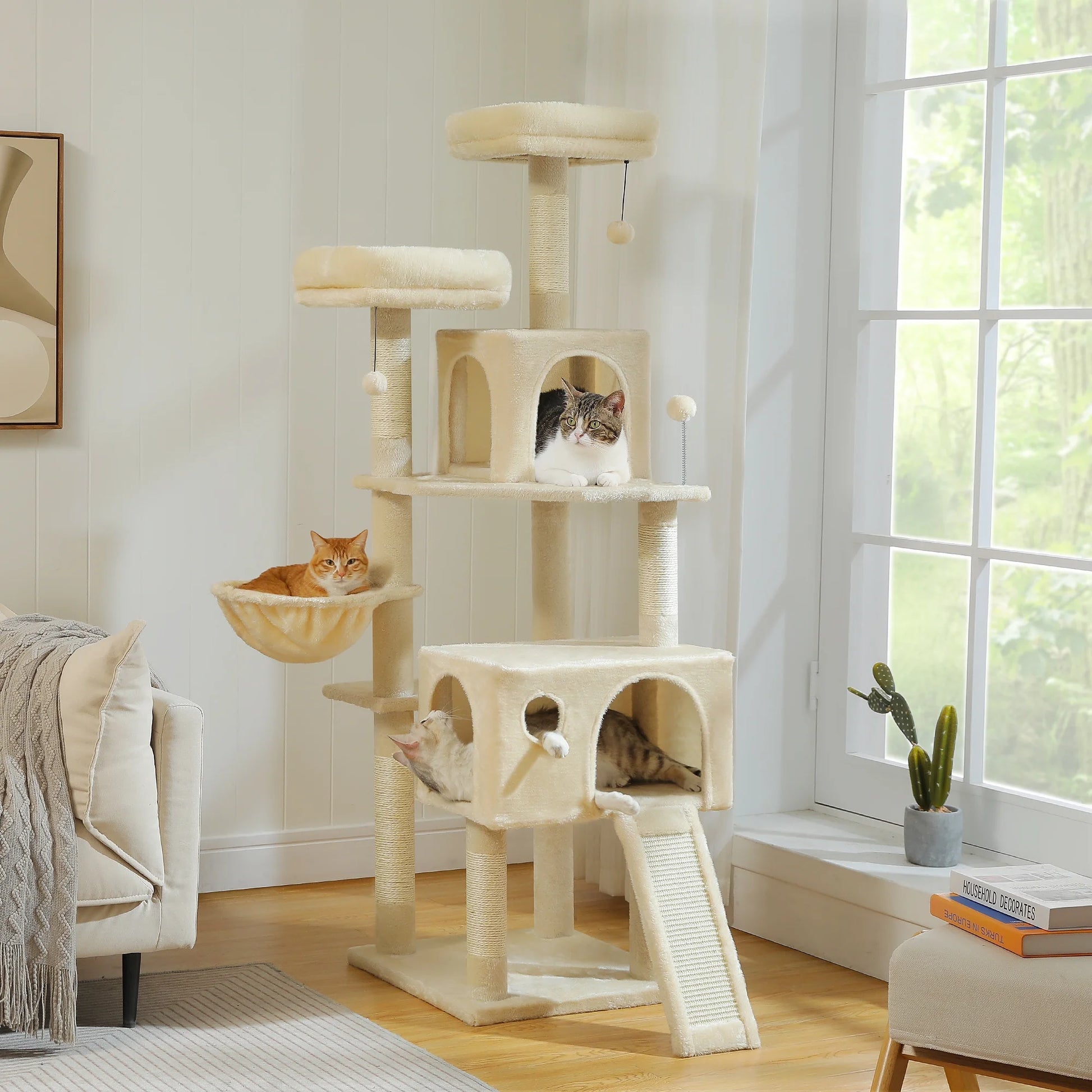 64" Cat Tree Tower Large Scratching Posts Tower for Bigger Cats, Beige