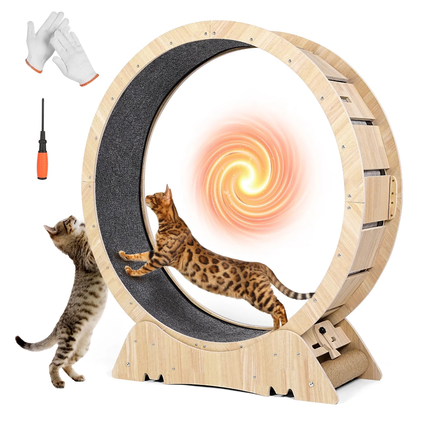 Indoor Cat Exercise Wheel - 45" Large XL Treadmill with Carpeted Runway for Enhanced Fitness and Health, Natural Wood Finish, Includes Teaser Toys