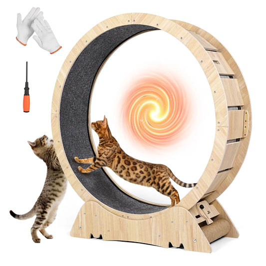 Indoor Cat Exercise Wheel - 45" Large XL Treadmill with Carpeted Runway for Enhanced Fitness and Health, Natural Wood Finish, Includes Teaser Toys