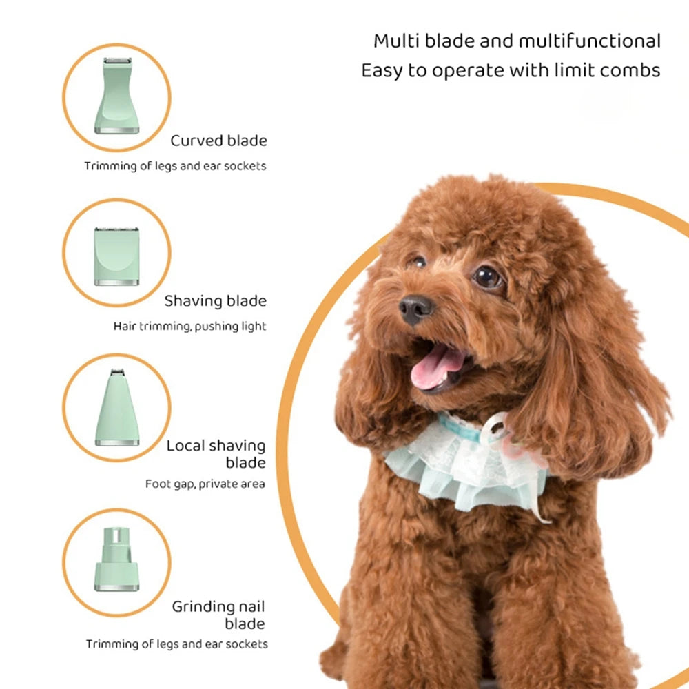 UBBT 4-in-1 Professional Pet Electric Hair Clipper with Four Blades, Grooming Trimmer, and Nail Grinder for Dogs and Cats