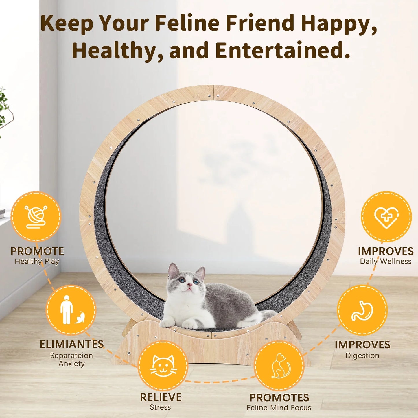 Indoor Cat Exercise Wheel - 45" Large XL Treadmill with Carpeted Runway for Enhanced Fitness and Health, Natural Wood Finish, Includes Teaser Toys