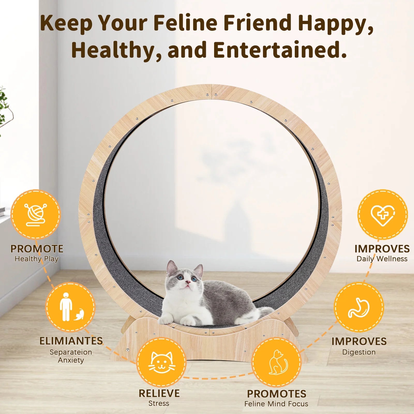 Indoor Cat Exercise Wheel - 45" Large XL Treadmill with Carpeted Runway for Enhanced Fitness and Health, Natural Wood Finish, Includes Teaser Toys
