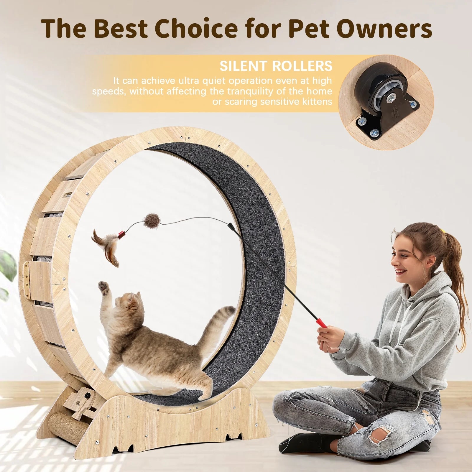 Indoor Cat Exercise Wheel - 45" Large XL Treadmill with Carpeted Runway for Enhanced Fitness and Health, Natural Wood Finish, Includes Teaser Toys