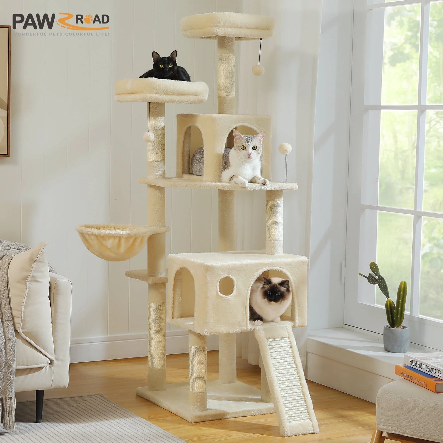 64" Cat Tree Tower Large Scratching Posts Tower for Bigger Cats, Beige