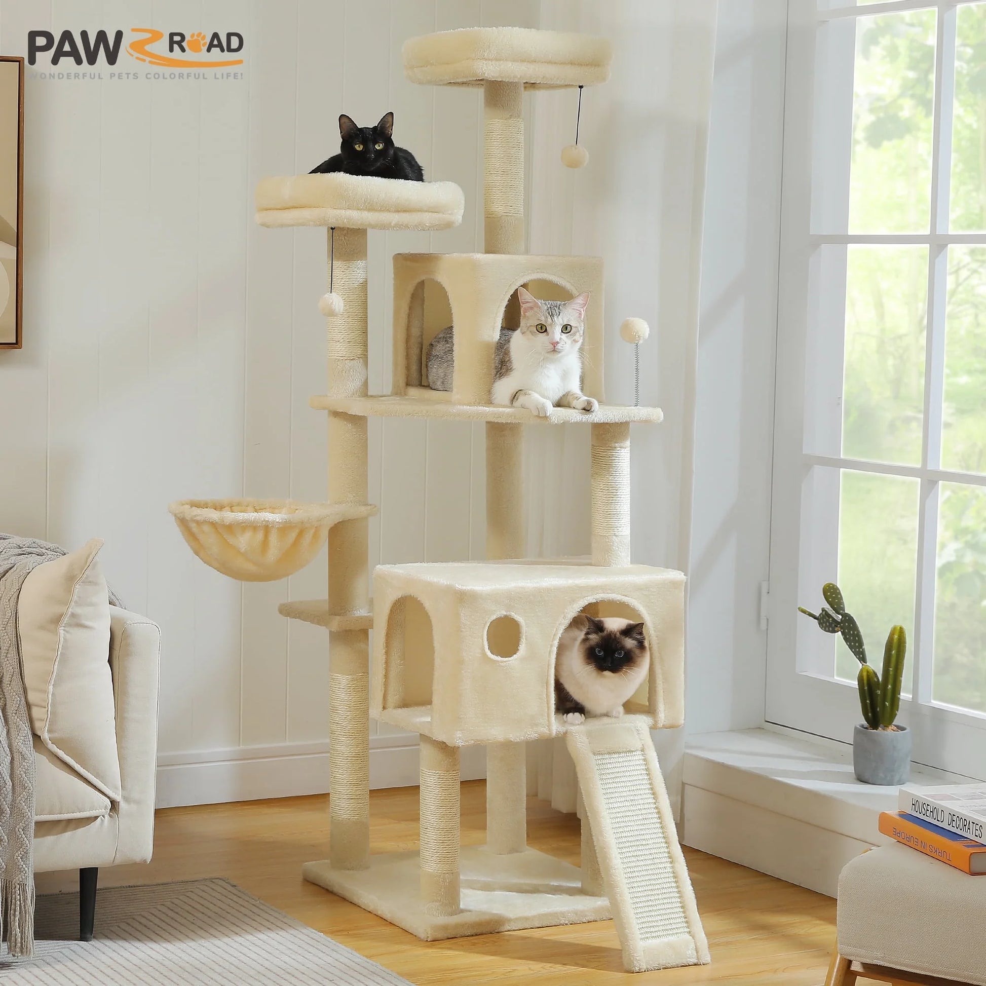 64" Cat Tree Tower Large Scratching Posts Tower for Bigger Cats, Beige