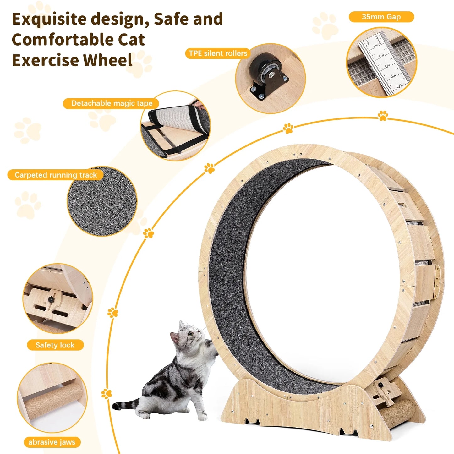 Indoor Cat Exercise Wheel - 45" Large XL Treadmill with Carpeted Runway for Enhanced Fitness and Health, Natural Wood Finish, Includes Teaser Toys