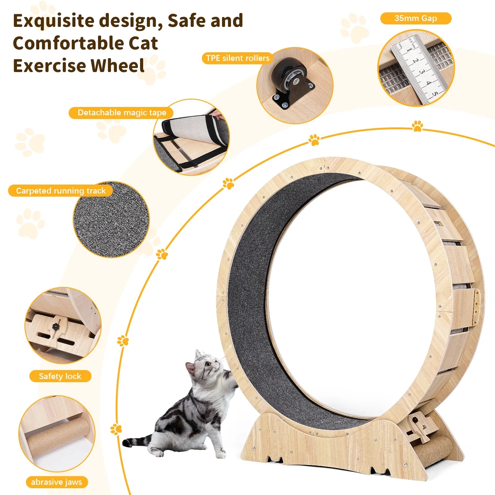 Indoor Cat Exercise Wheel - 45" Large XL Treadmill with Carpeted Runway for Enhanced Fitness and Health, Natural Wood Finish, Includes Teaser Toys