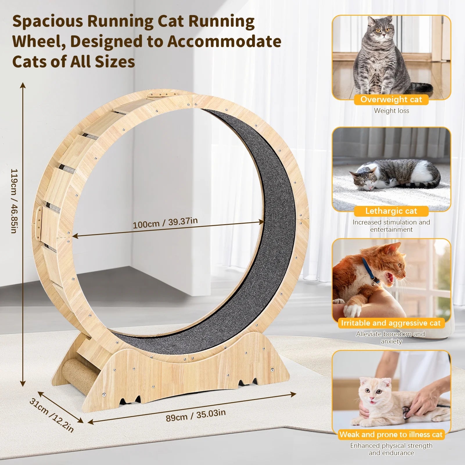 Indoor Cat Exercise Wheel - 45" Large XL Treadmill with Carpeted Runway for Enhanced Fitness and Health, Natural Wood Finish, Includes Teaser Toys